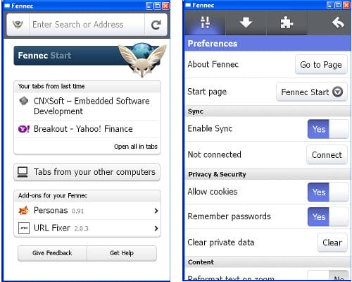 Firefox 4 Mobile for PC (fennec) home and settings screenshots Firefox 4 Mobile on Desktop Computer
