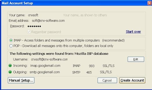 Create a new gmail account (IMAP) automatically in Thunderbird