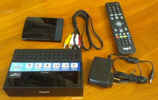 Mele A1000 STB and Accessories Allwinner A10 Device, power supply, audio/video cable, HDD casing and IR remote