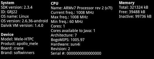 Mele A1000 System Details Mele A1000 Android and Linux Versions