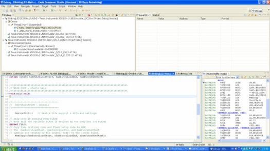 C2000 MCU Blinking LED demo app in Code Composer Studio 4