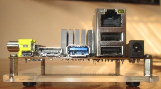 Left to Right: miniUSB device, HDMI, USB 3.0 Host, RJ45 + 2 USB 2.0 Host, and Power (Click to Enlarge)