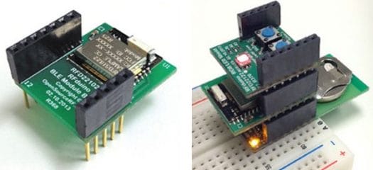 RFDuino (Left) & RFDuino with 2 shields connected to a breadboard