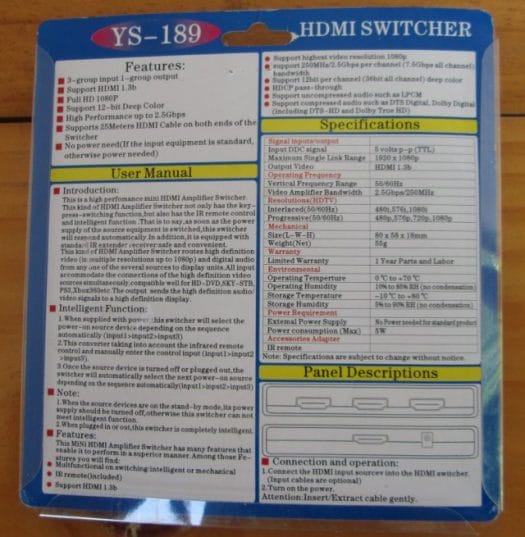 HDMI Switch User's Manual, Specifications and Description (Click to Enlarge)