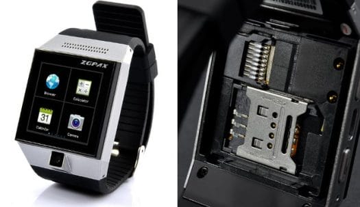 ZGPAX S5 Smartwatch (left), SIM and microSD  Card Slots (right)