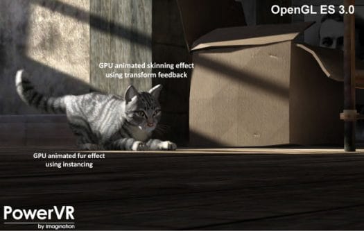 Screenshot of "Soft Kitty" OpenGL 3.0 demo on a  PowerVR Series6XT GPU (Click to Enlarge)