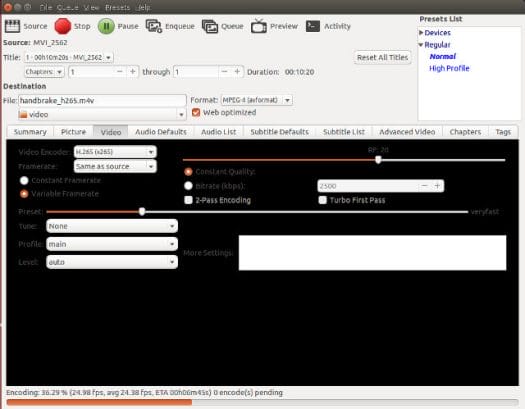 Handbrake 0.10 Transcoding H.264 to H.265 in Ubuntu 14.04 (Click to Enlarge)