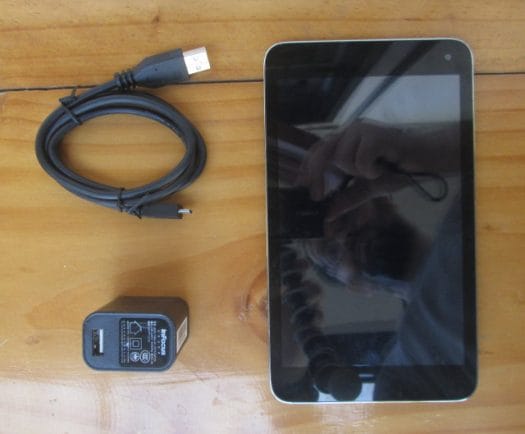 Allwinner A83 Tablet and power Adapter (Click to Enlarge)