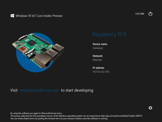 Windows 10 IoT Default App for RPi 2 (Click to Enlarge)