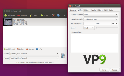 VP9 Encoding with Selene in Ubuntu 15.10 (Click to Enlarge)