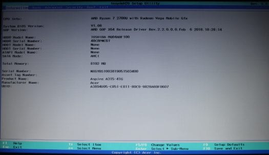 Acer Aspire 3 A315-41G BIOS v1.08