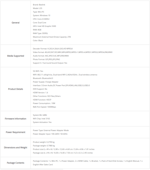Beelink L55 Specifications