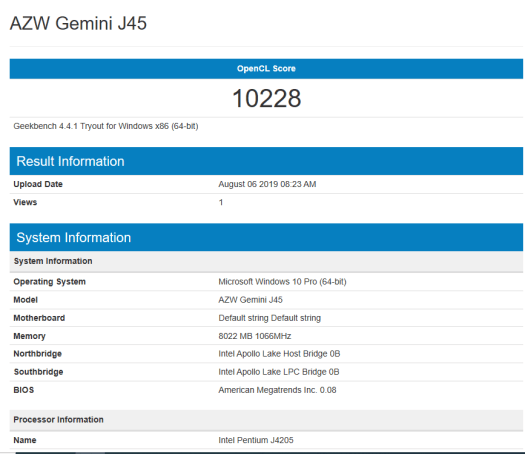 AZW Gemini J45 GeekBench OpenCL