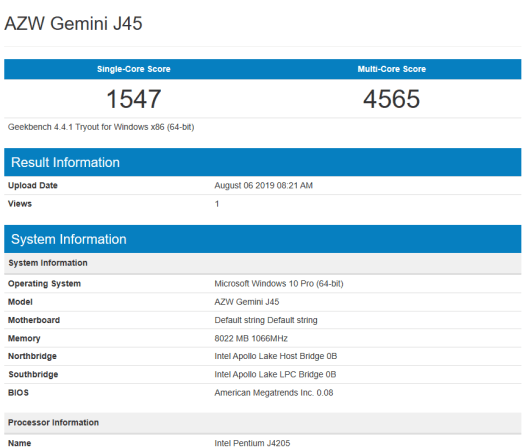 AZW Gemini J45 GeekBench