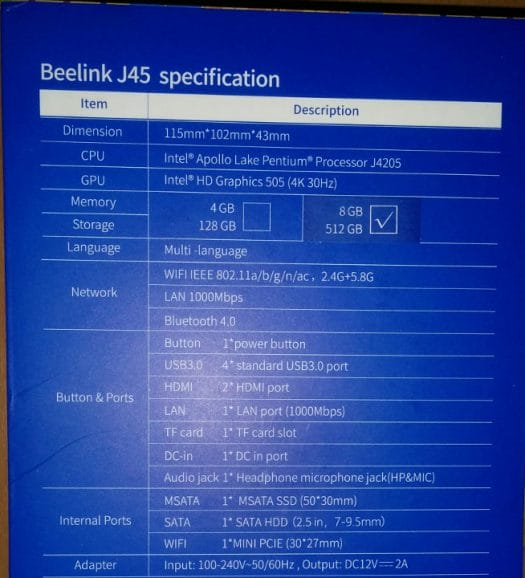 Beelink J45 Specifications