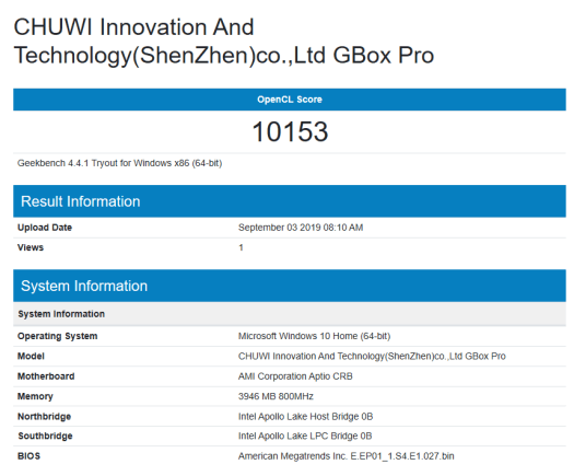 CHUWI GBOX PRO GeekBench 4 Compute