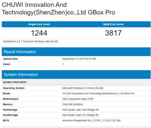 CHUWI GBOX PRO GeekBench 4