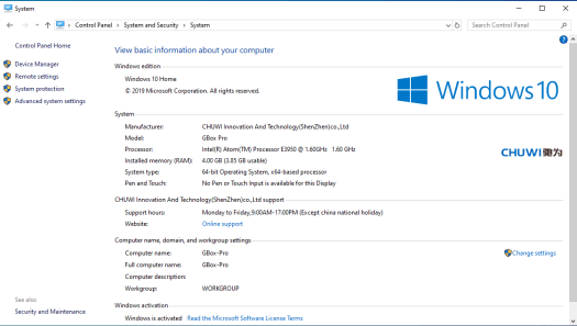 Chuwi GBox Pro Windows 10 System Info