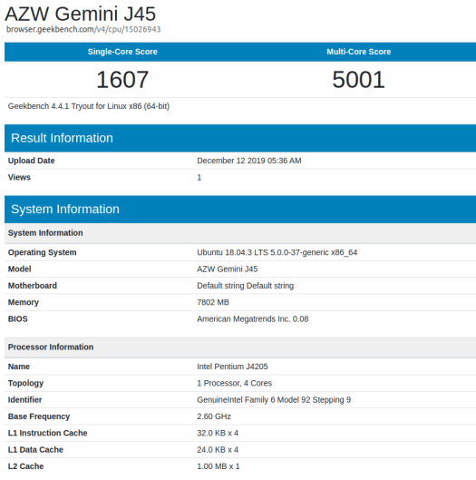 AZW Gemini J45 GeekBench 4