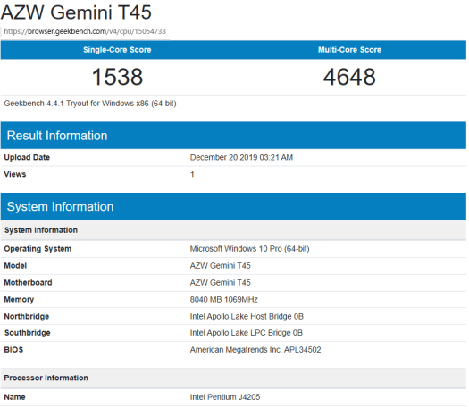 AZW Gemini T45 windows-geekbench4 power limit 10W