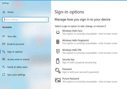 windows 10 sign-in options