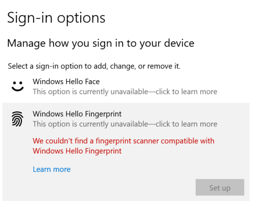 windows hello fingerprint no compatible scanner