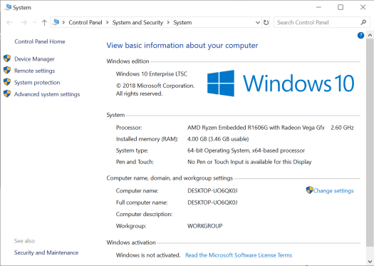 Ryzen Embedded R1606G-Windows 10 Enterprise LTSC