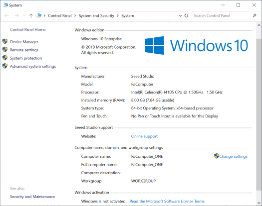 ODYSSEY-X86J4105 Windows 10 Enterprise Info