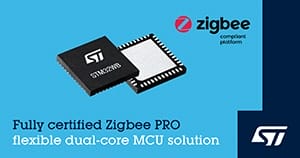 STMicroelectronics has added Zigbee® 3.0, based on Zigbee PRO protocol stack support to STM32WB55 wireless microcontrollers,