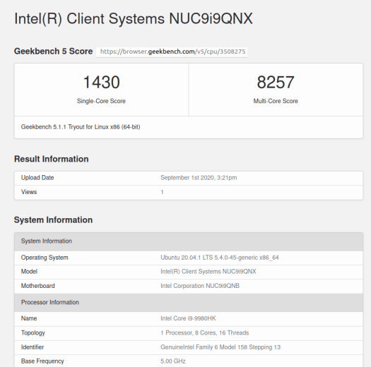 Intel NUC9 Geekbench 5 score