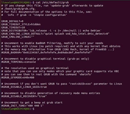 Intel NUC9 Ubuntu Grub Configuration