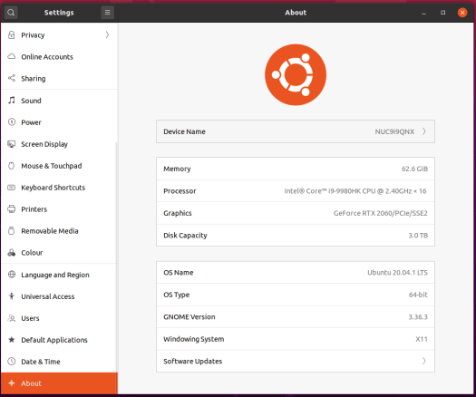 NUC9i9QNX Ubuntu 20.04