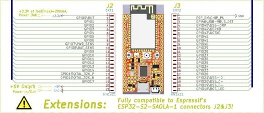 ESP32-S2-DevKit-LiPo Battery Board Pinout