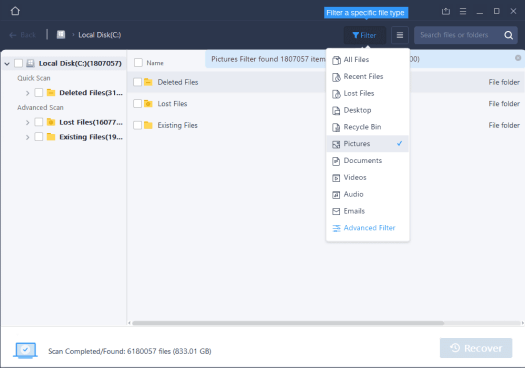 EaseUS Data Recovery Scan Filter