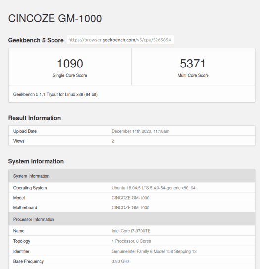 cincoze ubuntu geekbench 5 cpu