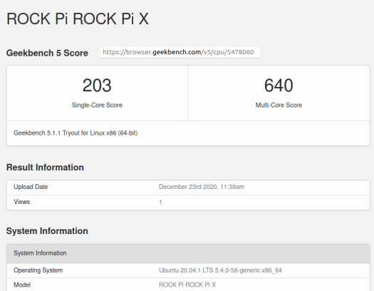 Rock Pi X ubuntu geekbench 5 cpu