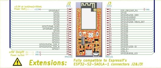 Olimex ESP32-S2 LiPo USB board pinout diagram