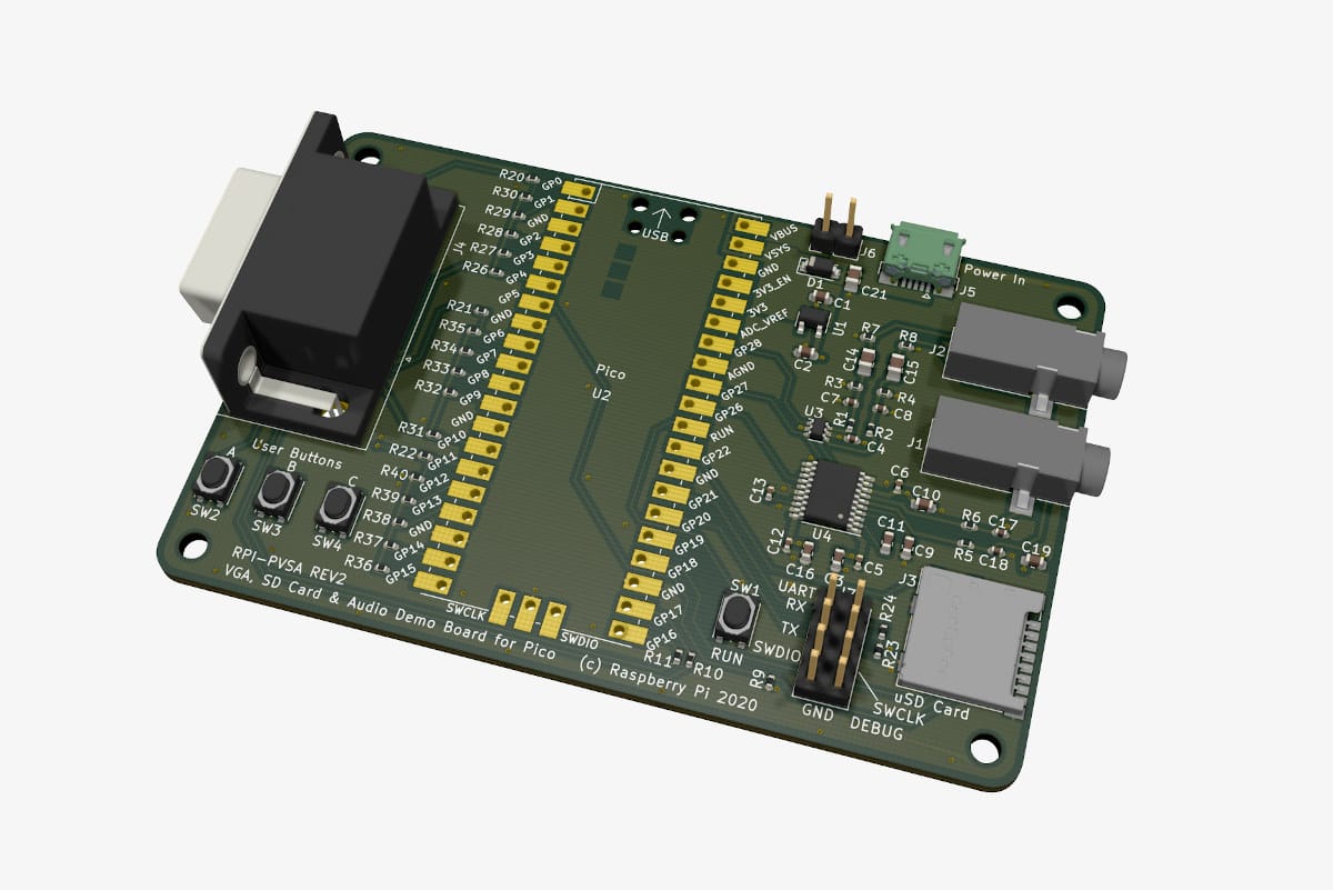 Open hardware Raspberry Pi Pico VGA, SD Card, and Audio demo board