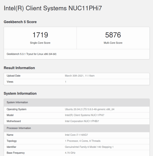 Intel NUC 11 linux geekbench 5 cpu