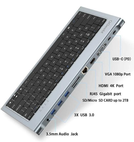 Keyboard USB-C dock with 11 ports