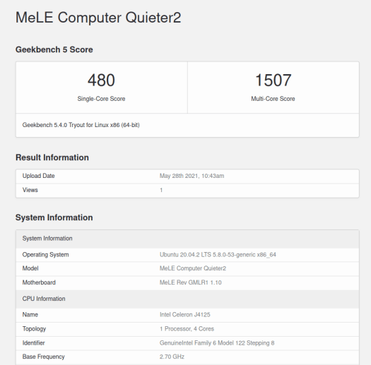 MeLE Computer Quieter2 ubuntu geekbench 5 cpu