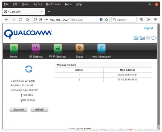 Qualcomm 4G WiFi Hotspot web interface
