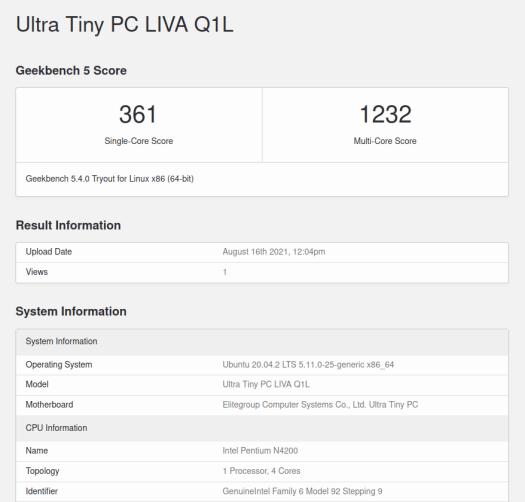 Ultra Tiny PC LIVA Q1L ubuntu geekbench 5 cpu