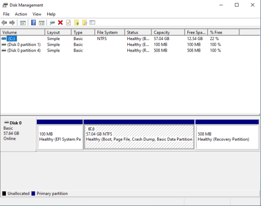 windows 10 disk management 64GB NTFS