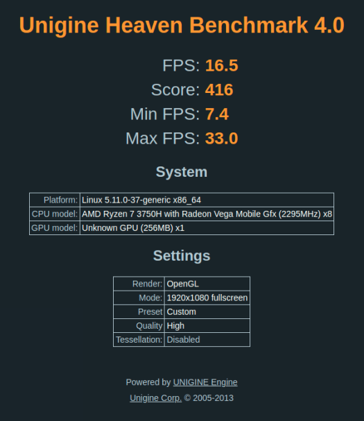 AMD Ryzen 7 3750H ubuntu Unigine heaven