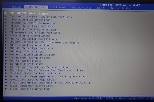Aptio Setup bios advanced