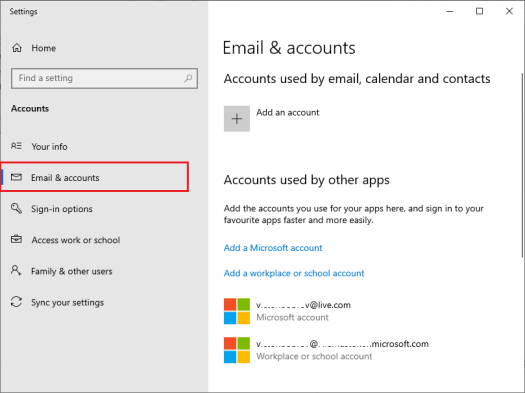 windows 10 emails and accounts