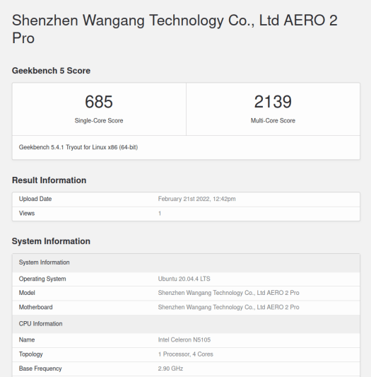 Shenzhen Wangang Technology AERO 2 Pro ubuntu geekbench 5 cpu