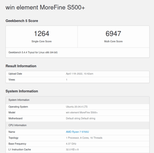 win element MoreFine-S500+-ubuntu geekbench 5 cpu