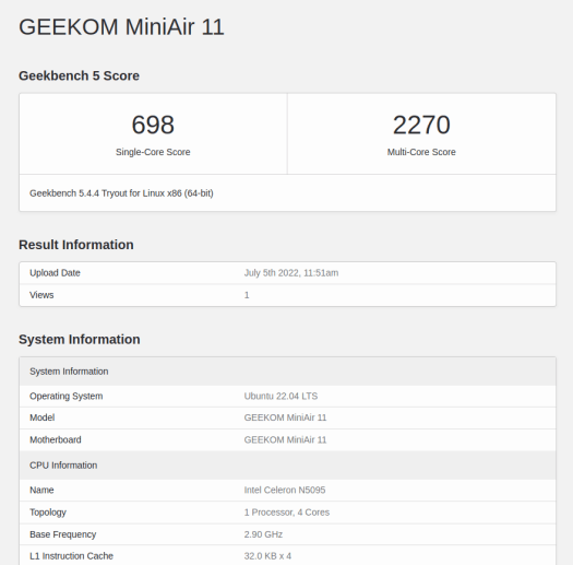 GEEKOM MiniAir 11 geekbench 5 cpu ubuntu